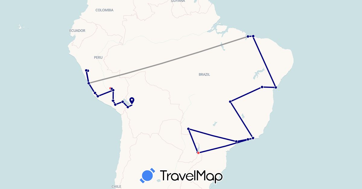 TravelMap itinerary: driving, plane, hiking in Argentina, Bolivia, Brazil, Peru (South America)